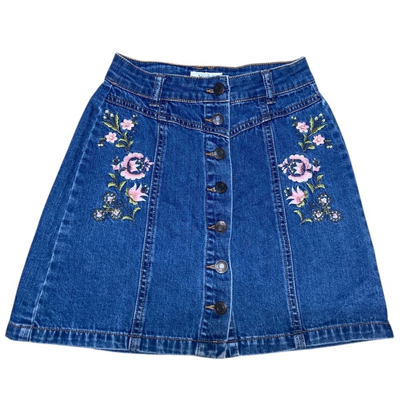 Mudd‎ Y2K 90s Vintage Denim Skirt A-Line Floral Embroidered Button Front Size 0 - Picture 1 of 6